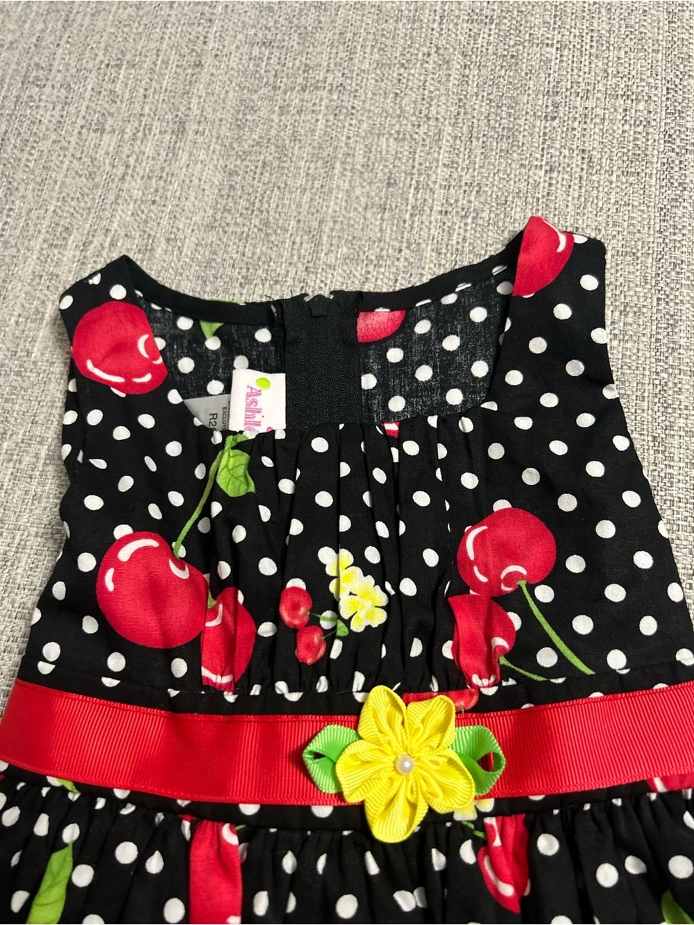 Ashley Ann Black Polka Dot Dress Red Cherry Print and Yellow Flower. SZ 2T NWT - Picture 6 of 8